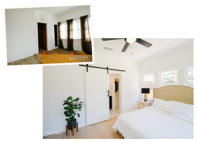 white bedding natural bedroom Ikea nightstands bedroom | 102-year-old fixer upper house renovation | mid century modern Scandinavian home design | house flip reno