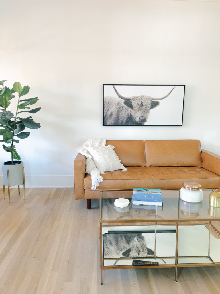 living room brown mid century leather couch brass glass coffee table fiddle leaf fig tree | 102-year-old fixer upper house renovation | mid century modern Scandinavian home design | house flip reno