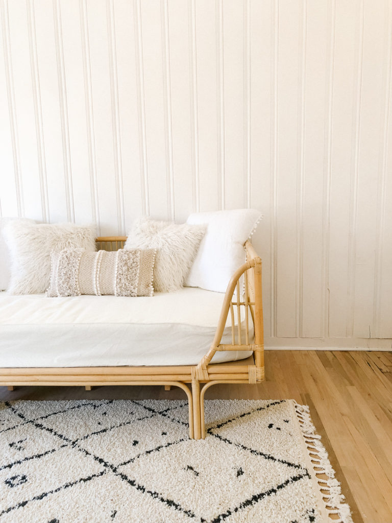 bohemian daybed natural bedroom | 102-year-old fixer upper house renovation | mid century modern Scandinavian home design | house flip reno